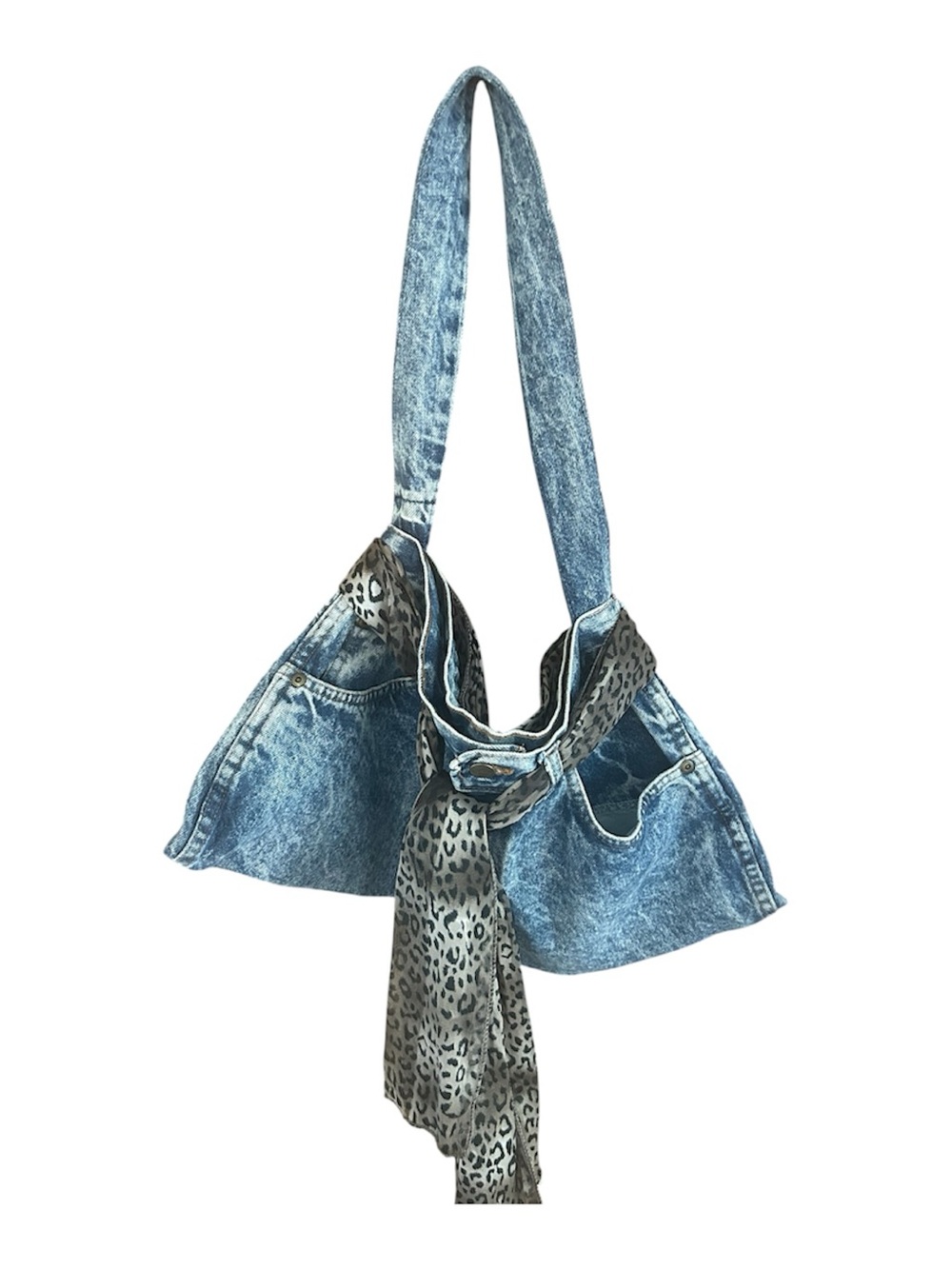Handmade Vintage Chic Jean Denim Shoulder Bag Purse Unique Tote Cheetah Belt Y2K